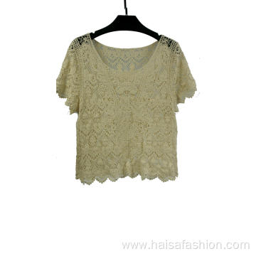 Vintage Hollow Out Short Sleeves Top For Ladies